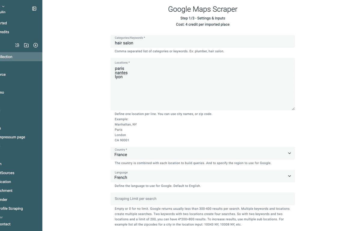 Enter Keywords, Locations, and Country in Datablist Google Maps Scraper
