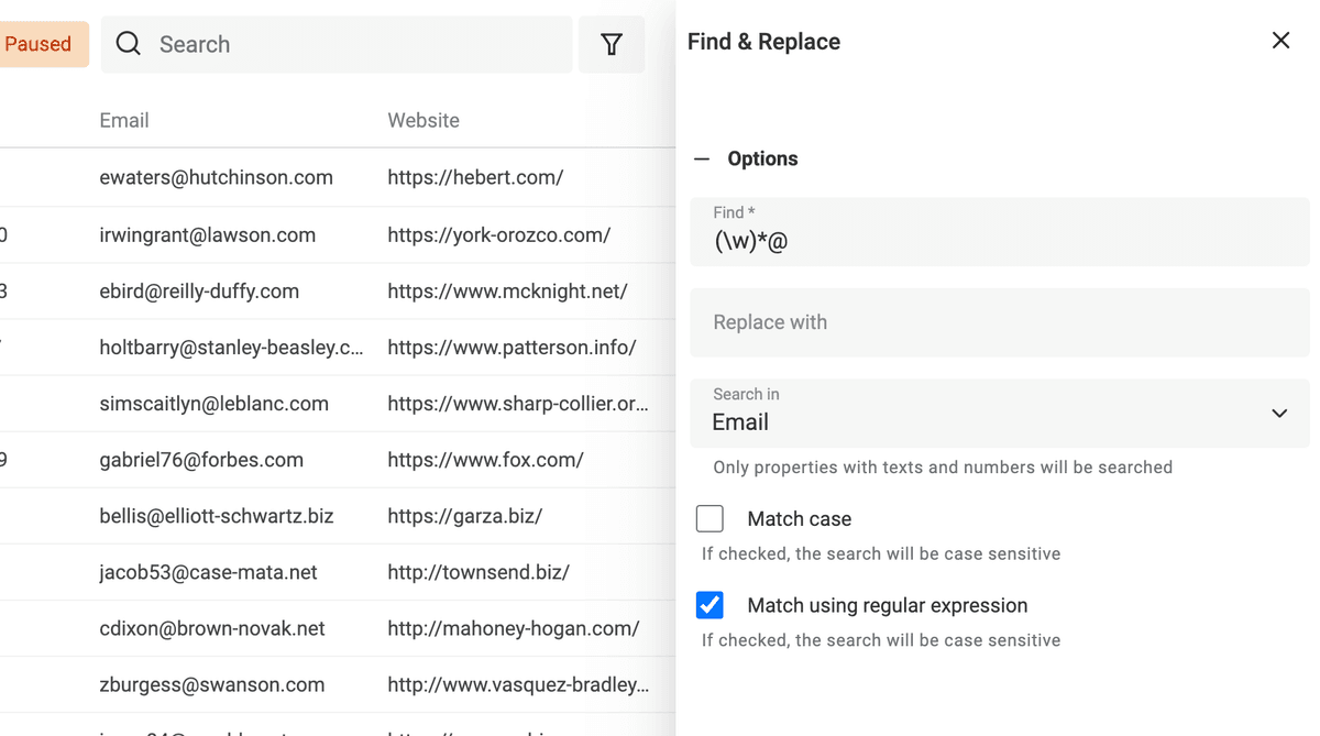 Find and Replace with Regular Expression option