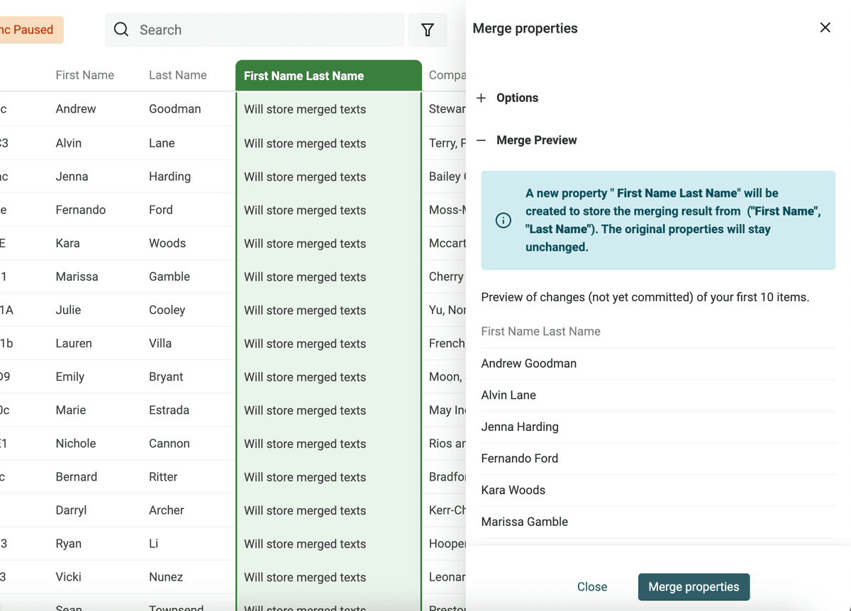 Merging data preview