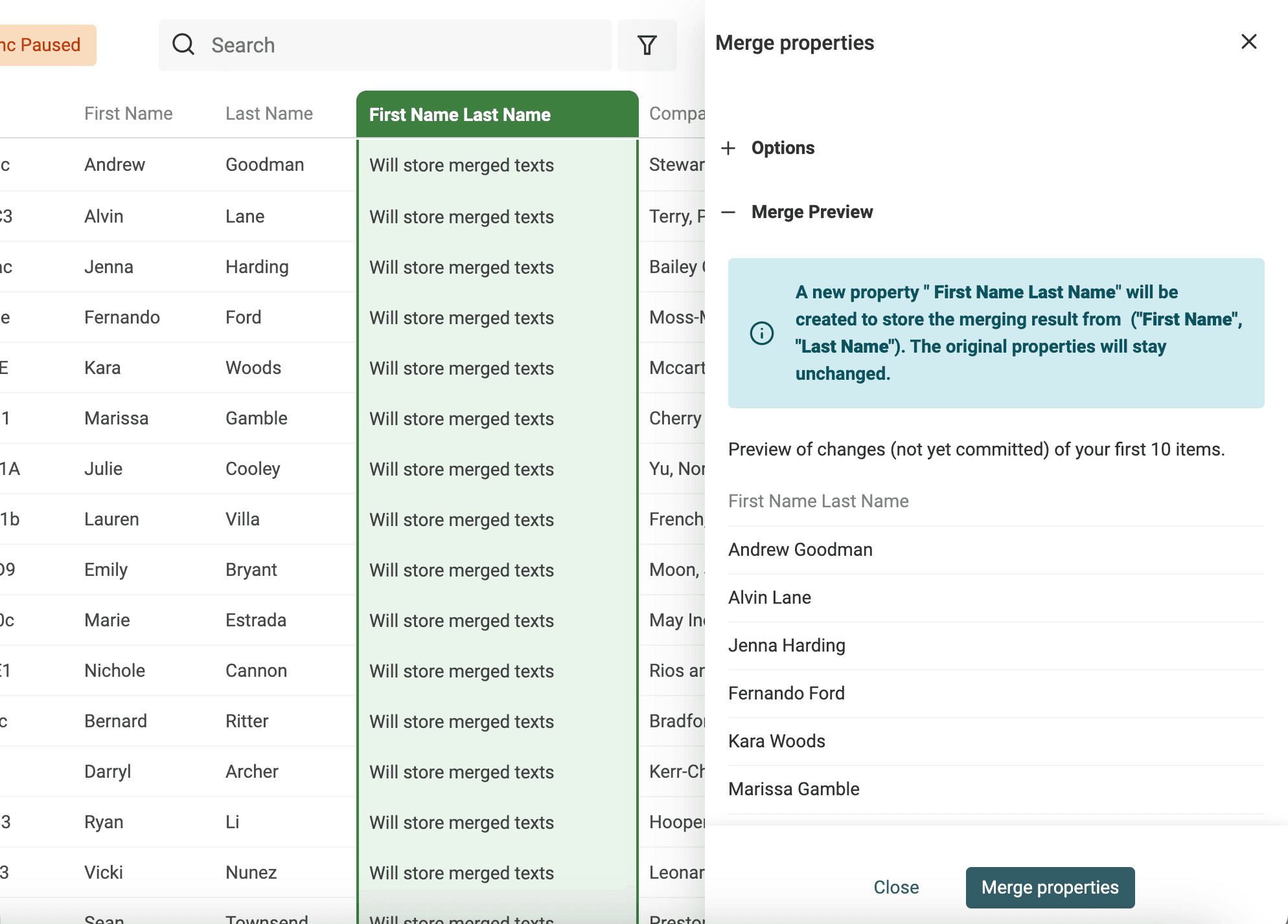Merging data preview