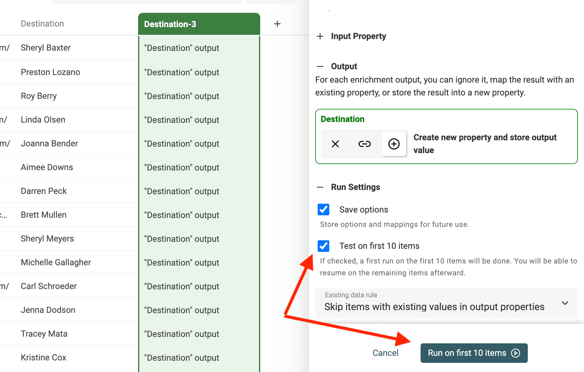 Run on the first 10 items' settings