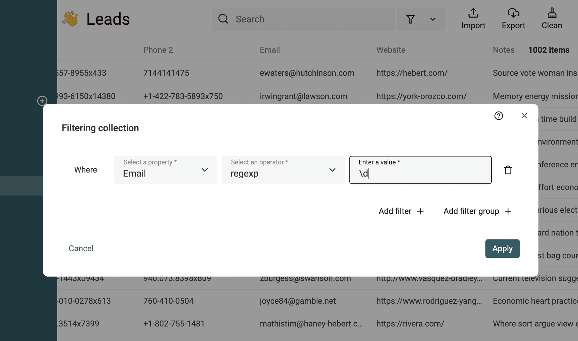 RegEx Filter modal