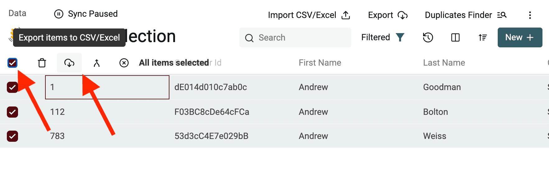 Export filtered items