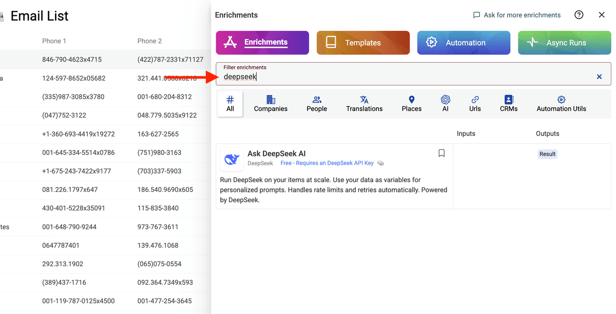 Select DeepSeek on the enrichment store