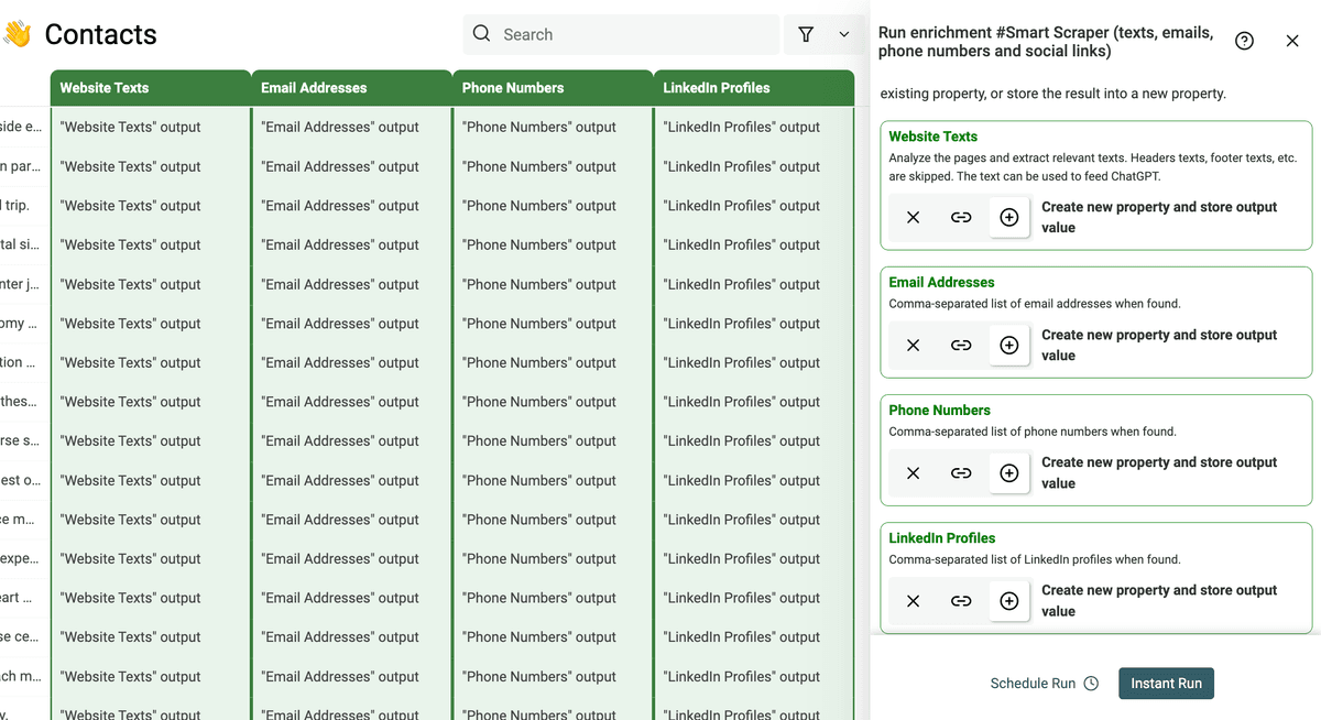 Connect Texts, Emails and Social links outputs