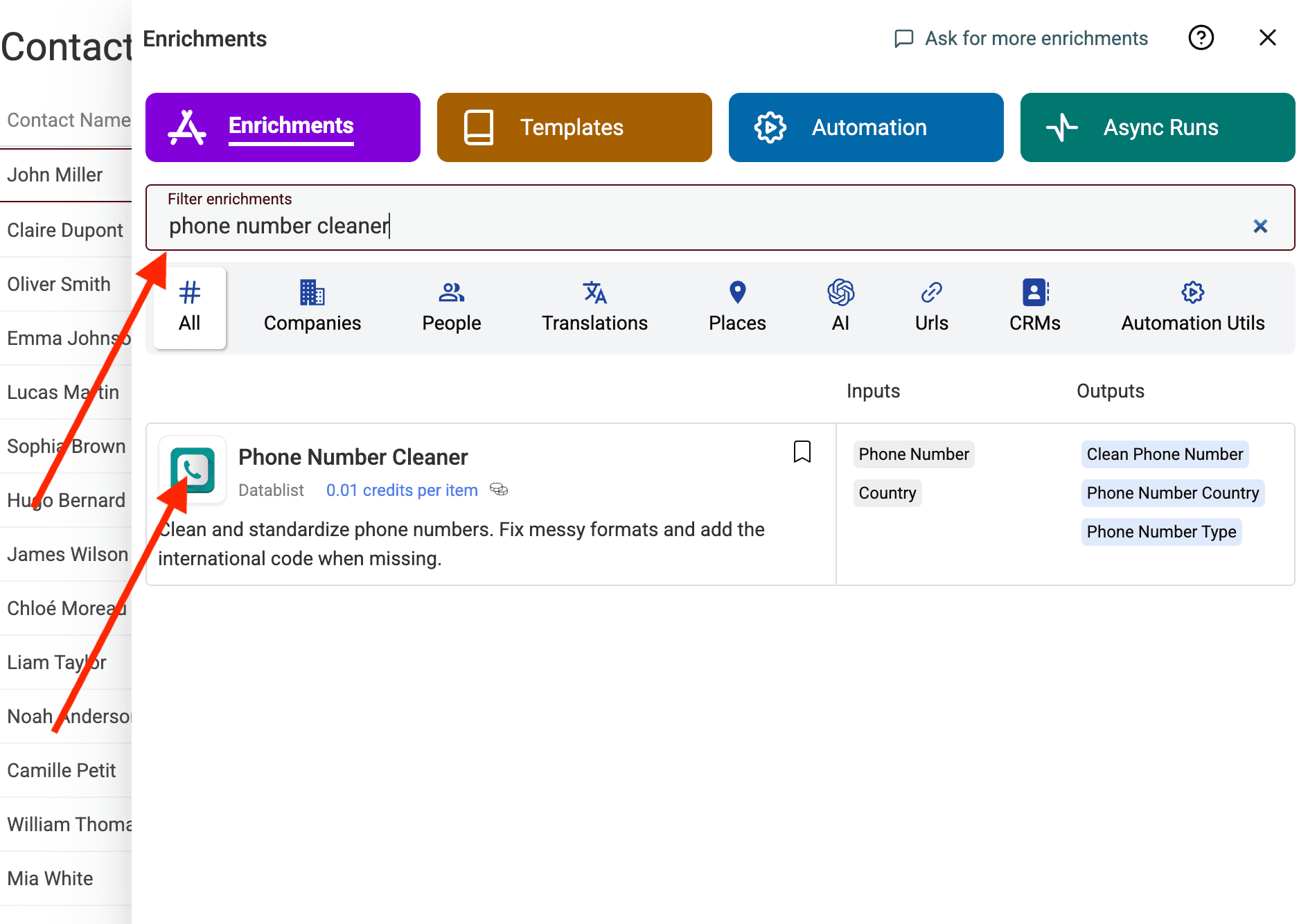 Pick the Phone Numbers Cleaner enrichment
