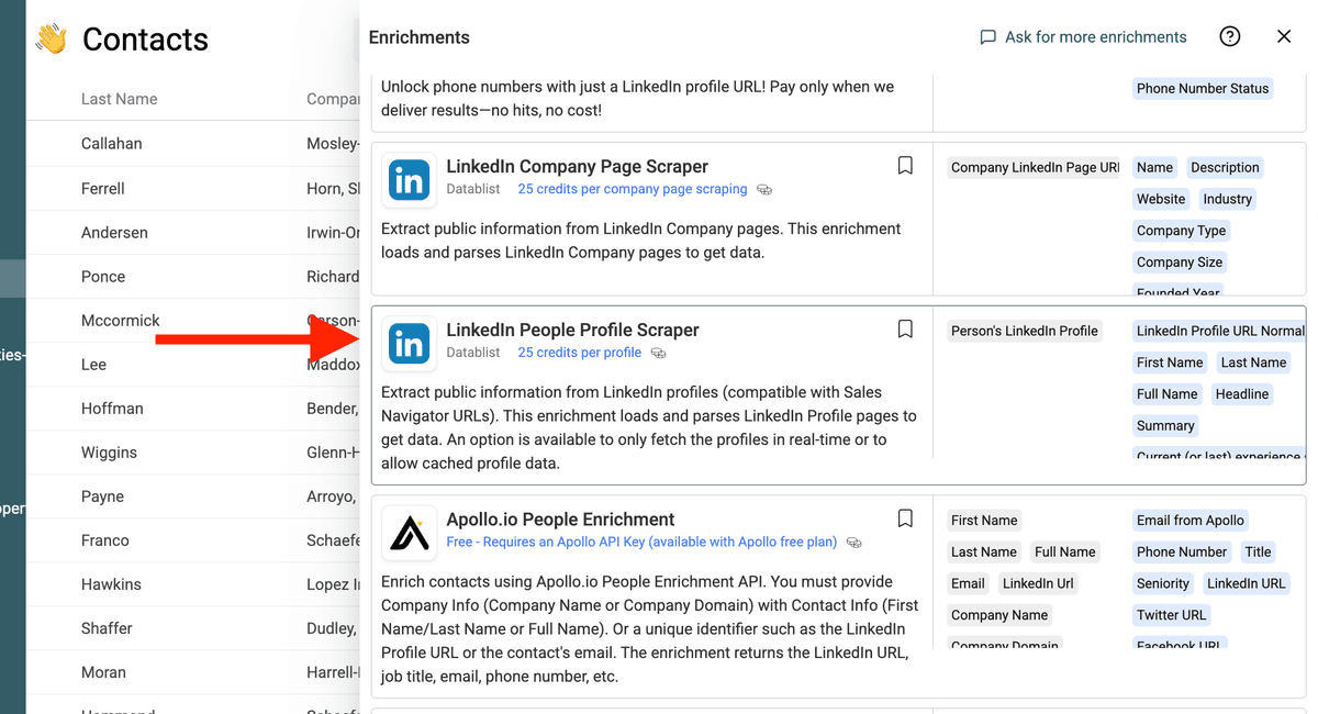 Select LinkedIn Profile Scraper on the enrichment store