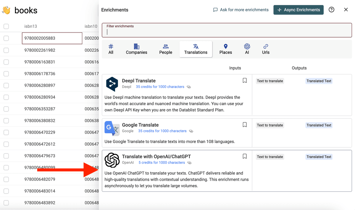 Select Translate with OpenAI/ChatGPT on the enrichment store