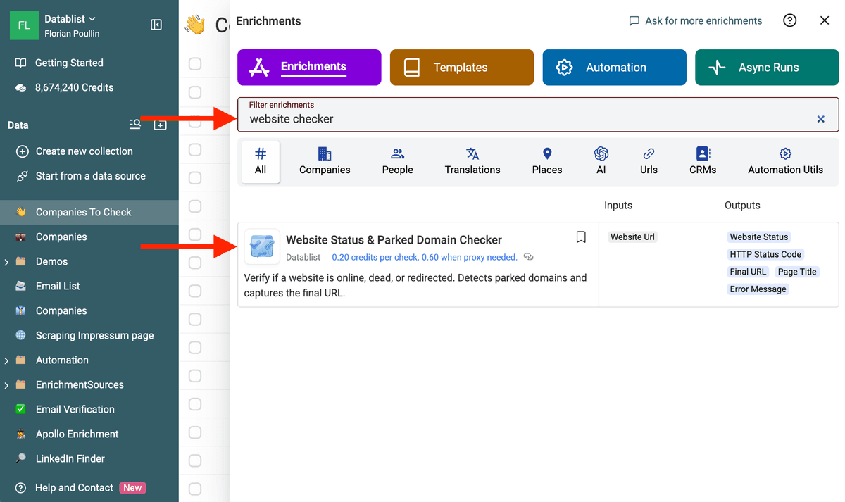 Open Website Status and Parked Domain Checker enrichment