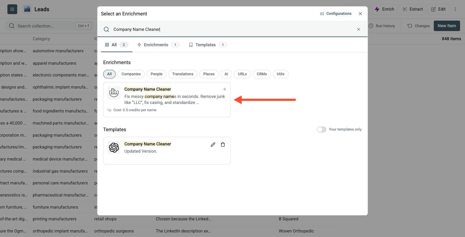 Company Name Cleaner - Open the enrichment