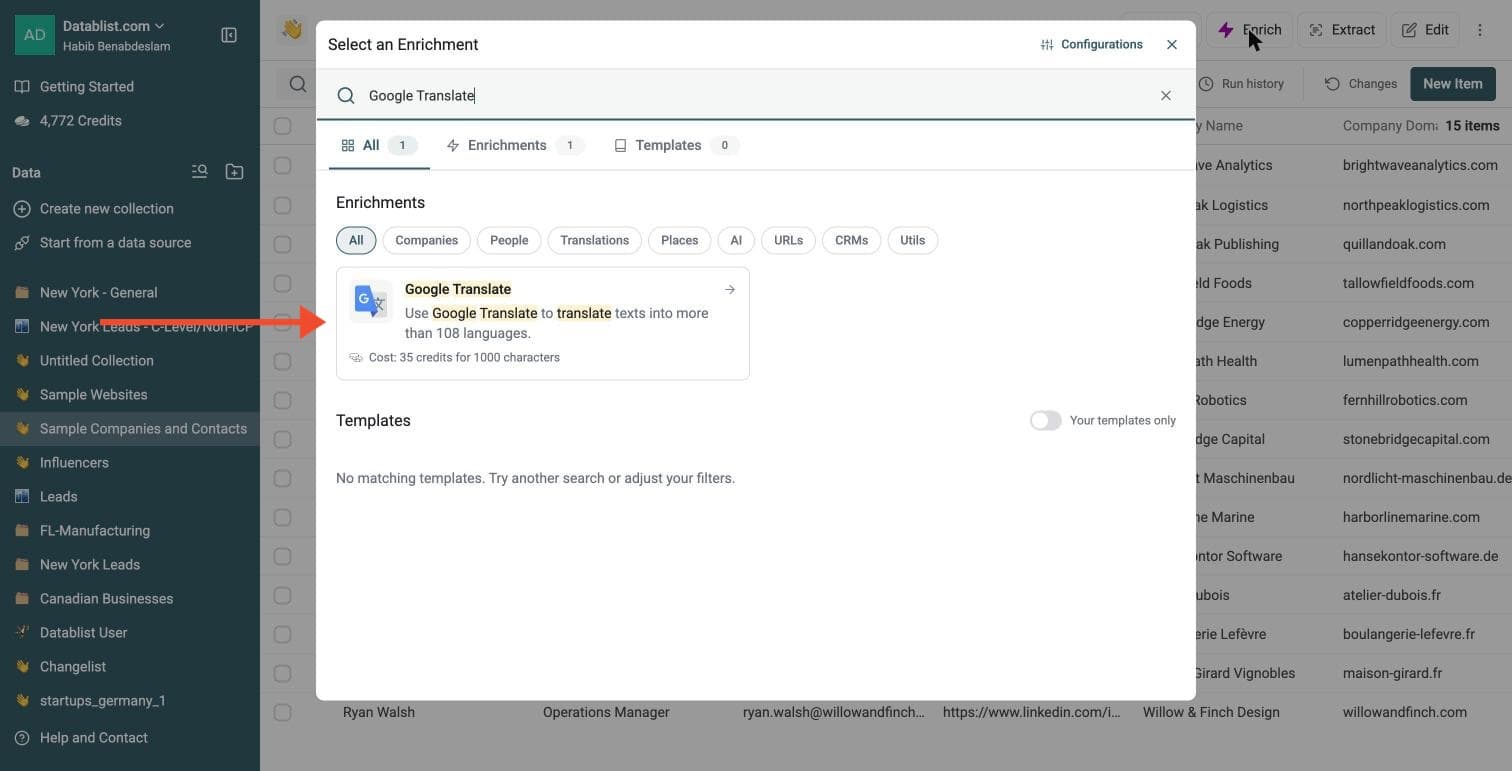 Google Translate Connector - Navigate to the Enrichment