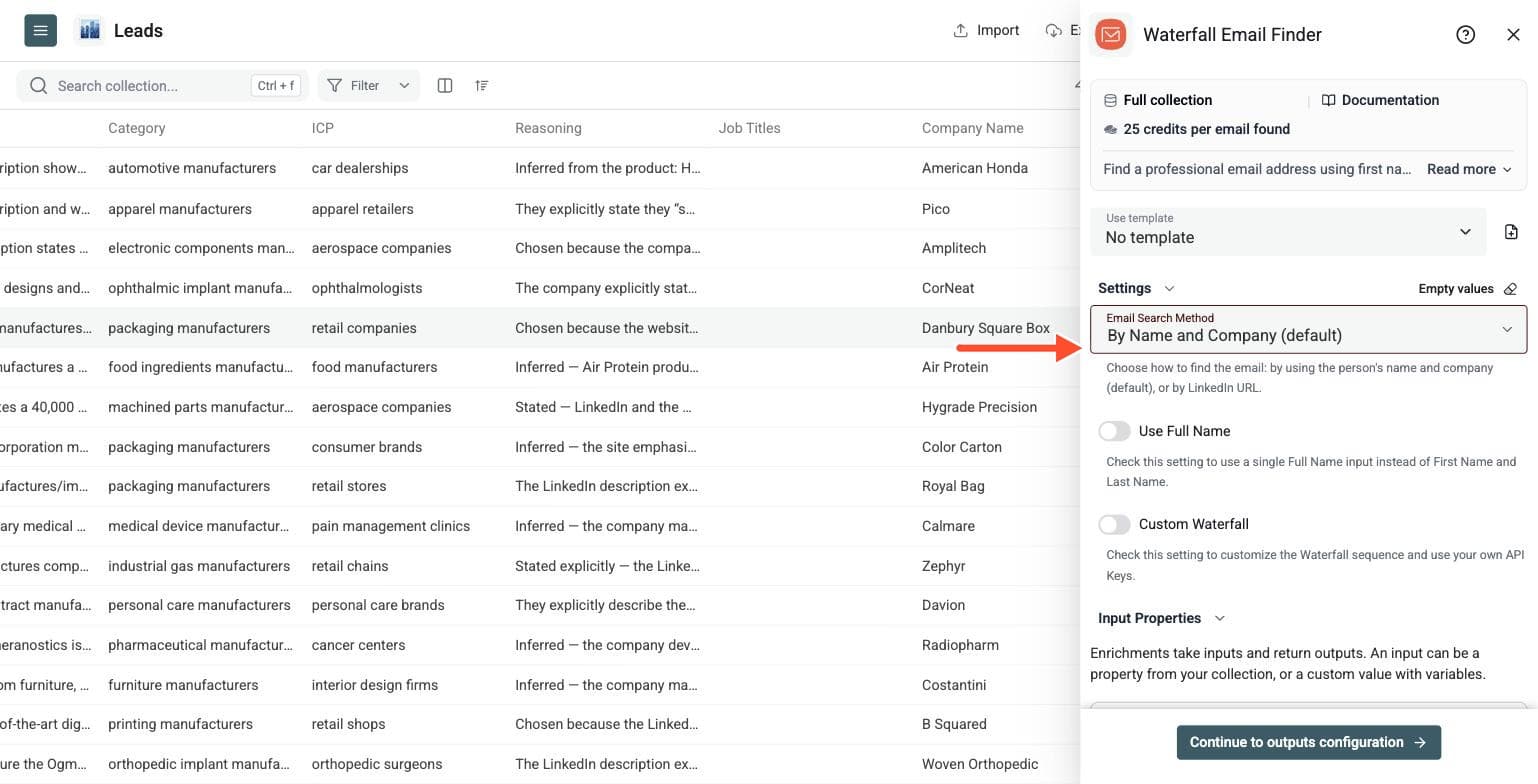 Waterfall Email Finder - Set Up the Enrichment