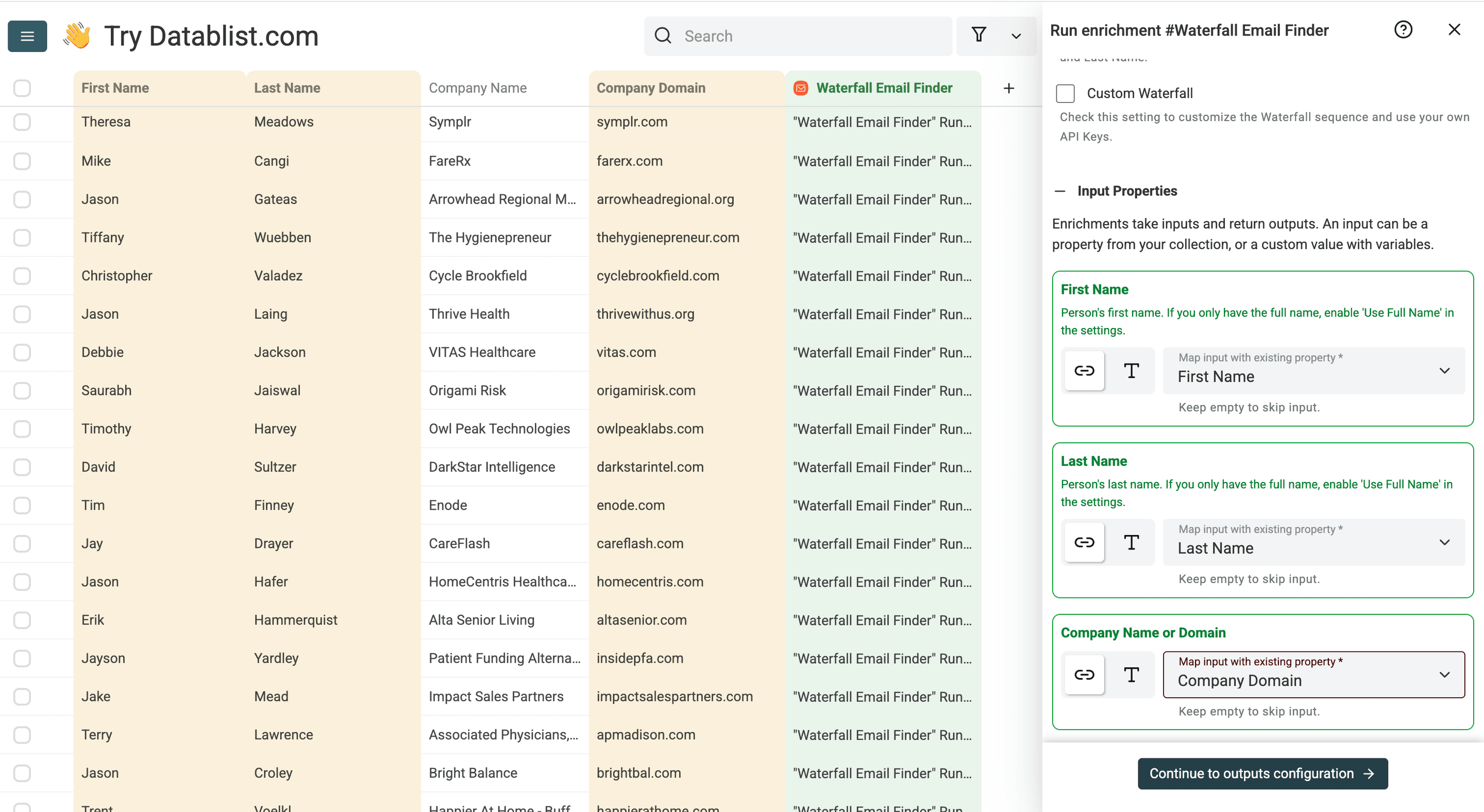 Waterfall Email Finder - Configure Your Inputs