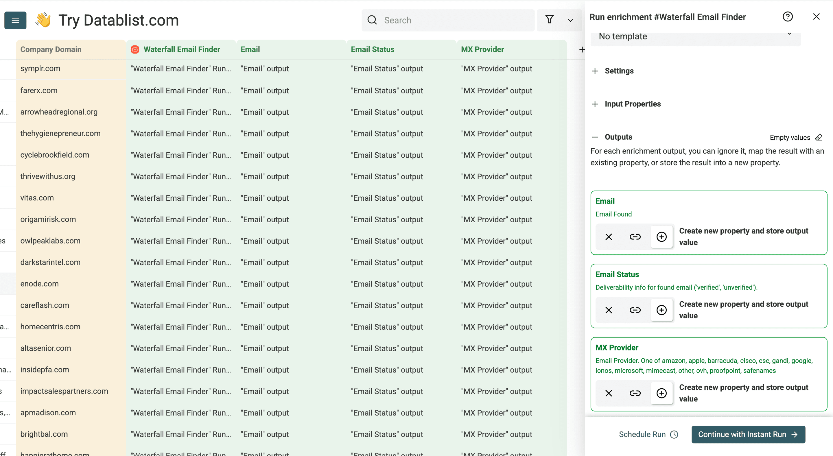 Waterfall Email Finder - Select Outputs