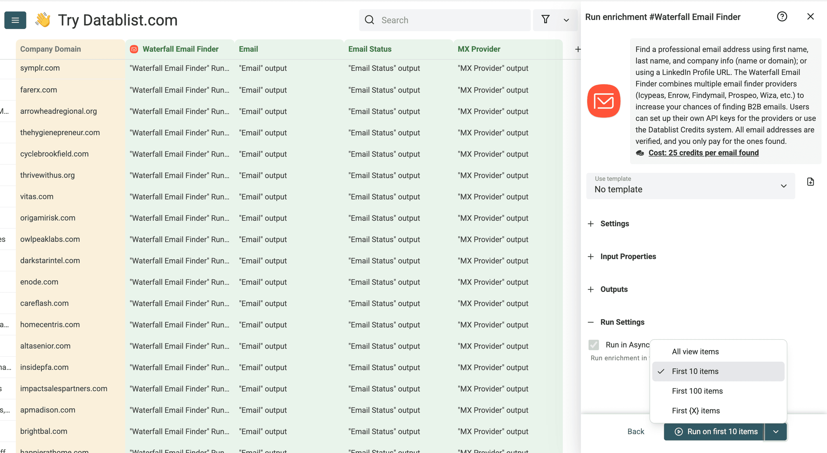 Waterfall Email Finder - Run Options