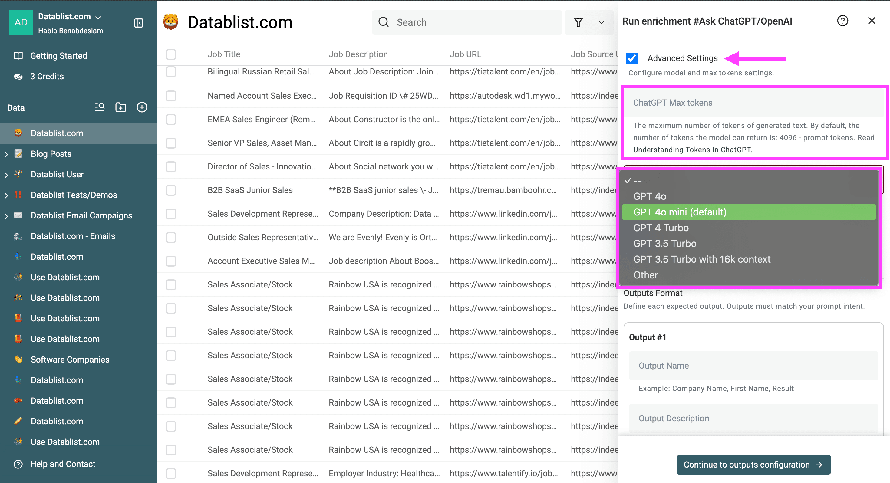 Token configuration and model selection inside datablist