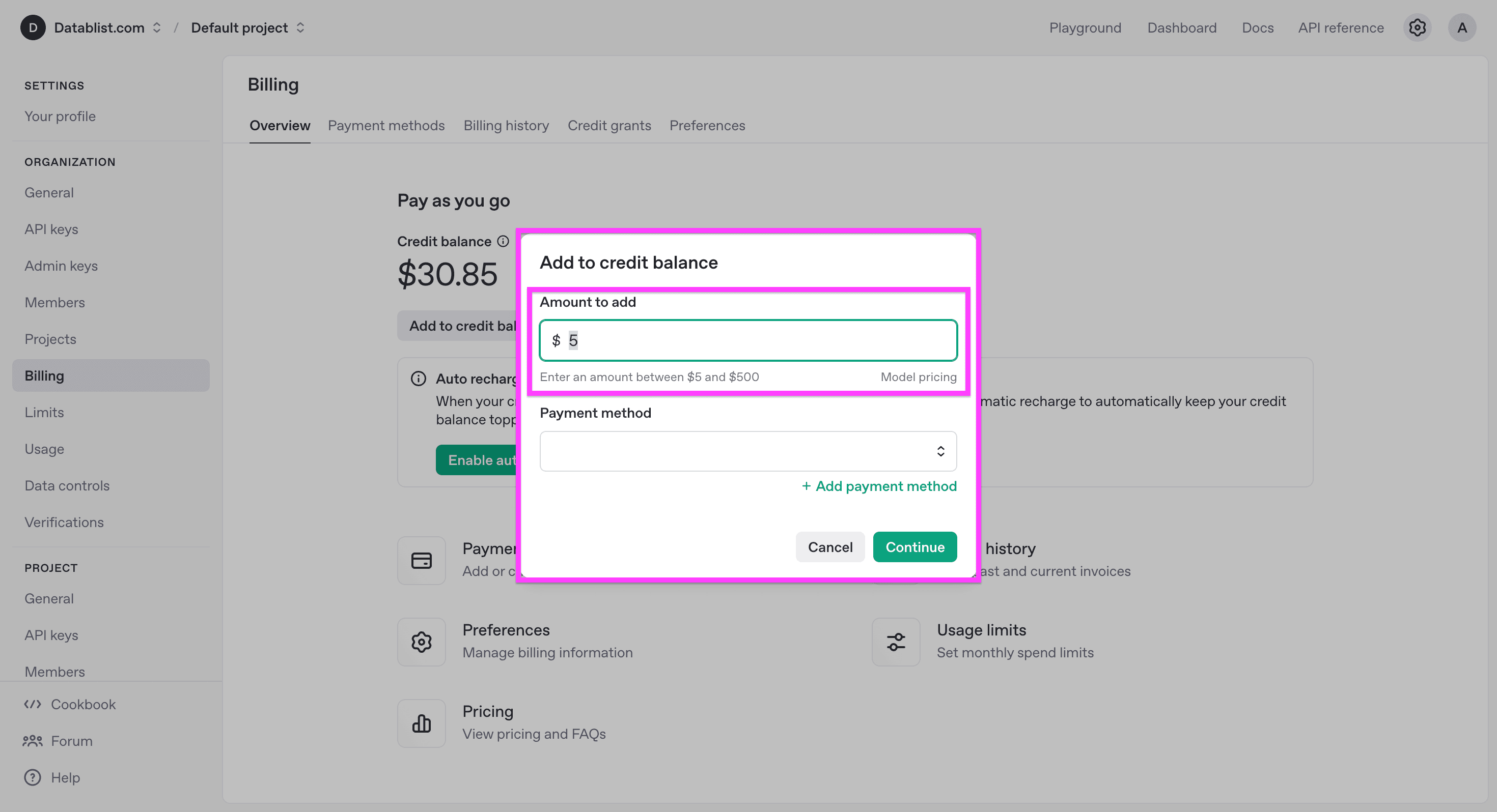 Adding $5 to the credit balance on the OpenAI account