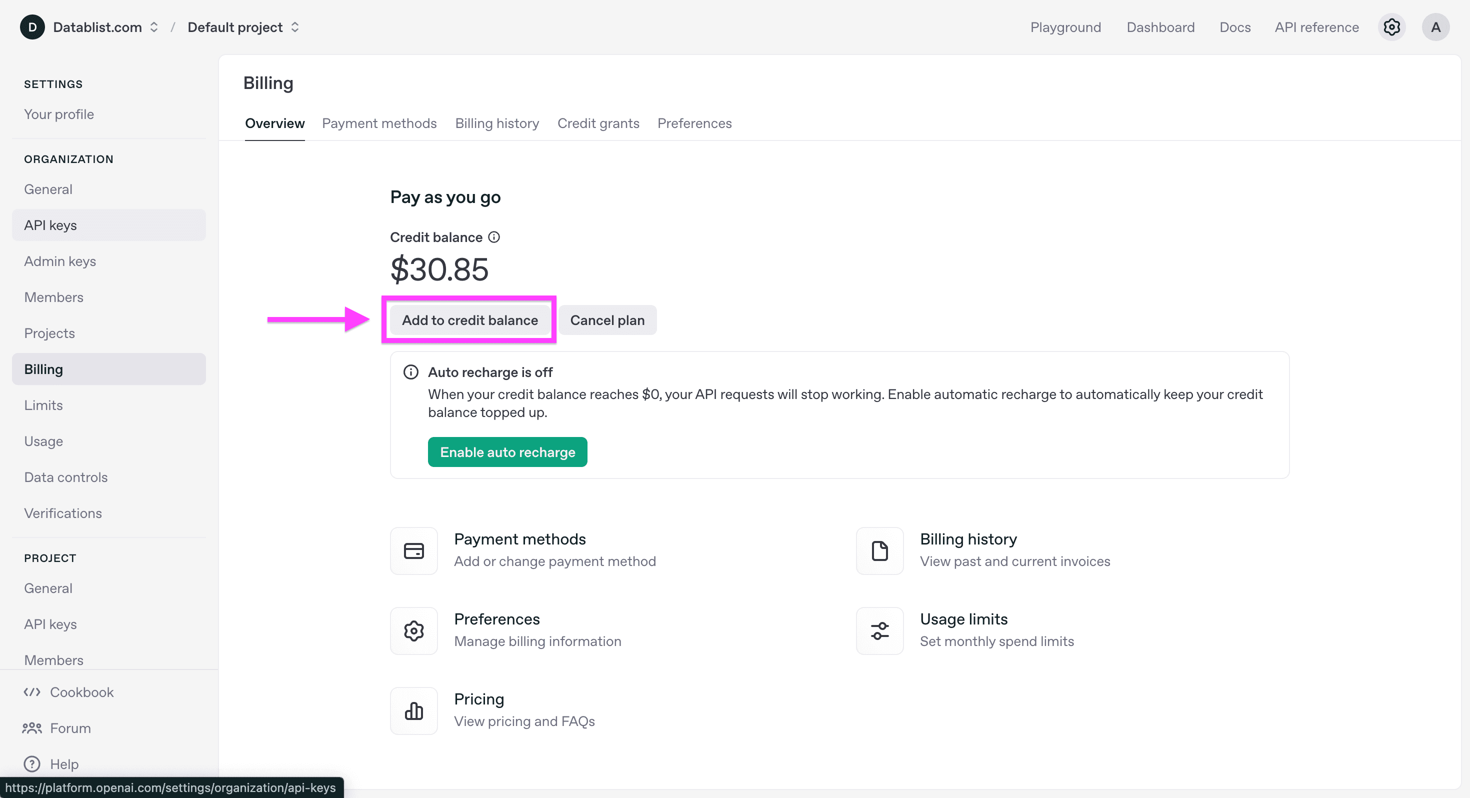 OpenAI’s billing page