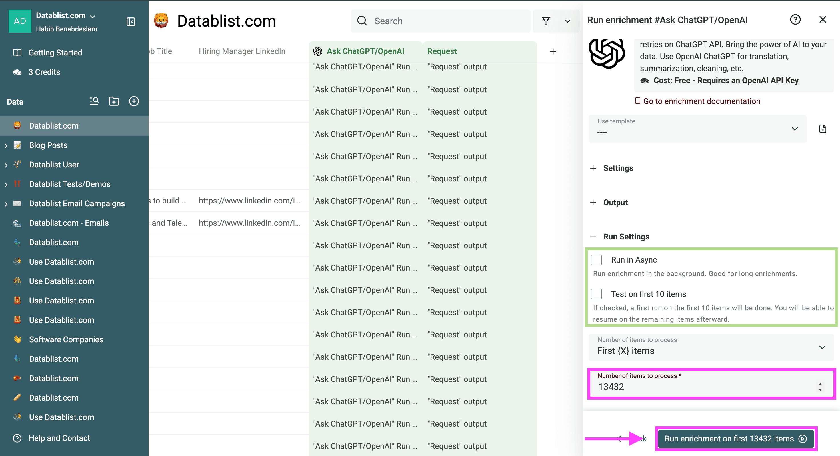 The run settings of the ChatGPT enrichment in Datablist