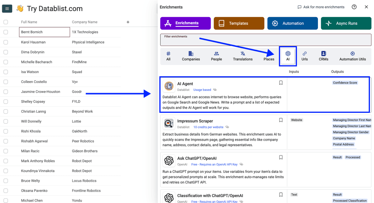 How To Use ChatGPT Search in a Spreadsheet - Navigate to AI Agent