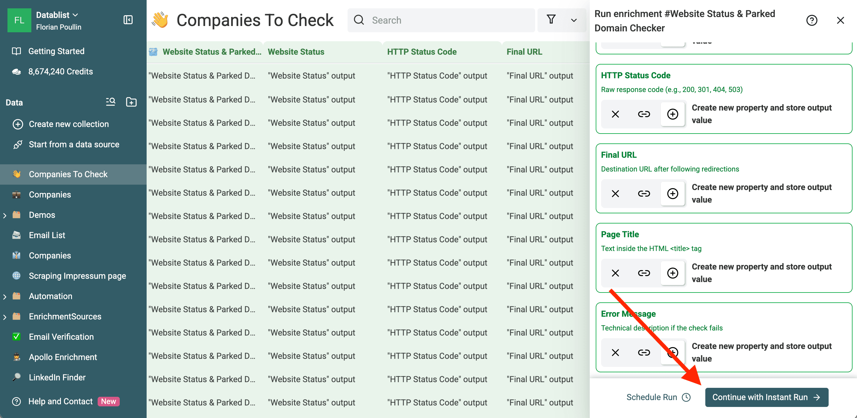 Open instant run menu