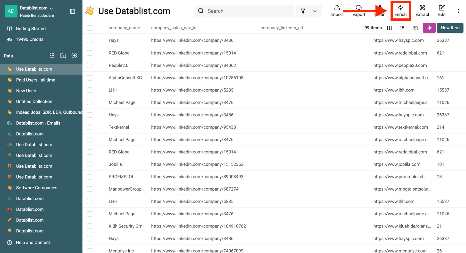 Sélection de l'option “Enrichir” dans Datablist.