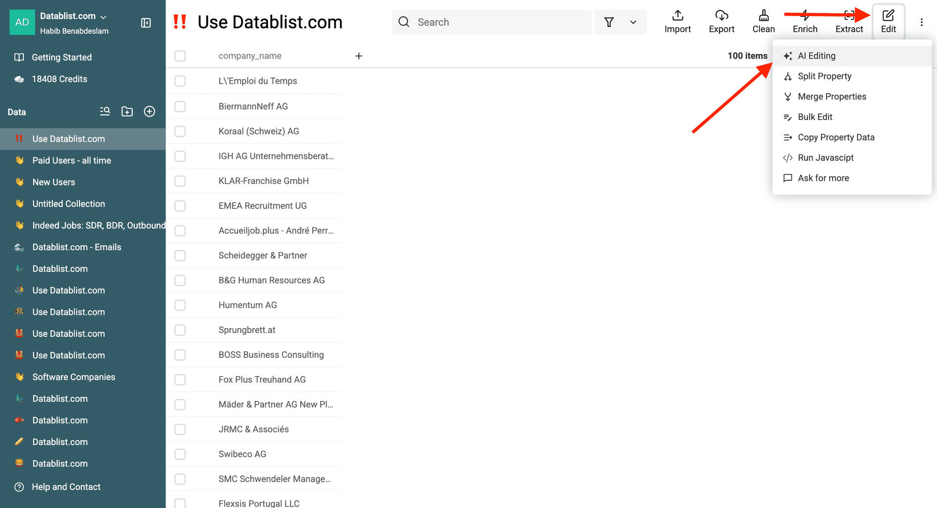 Sélection de la fonctionnalité “Édition IA” de Datablist