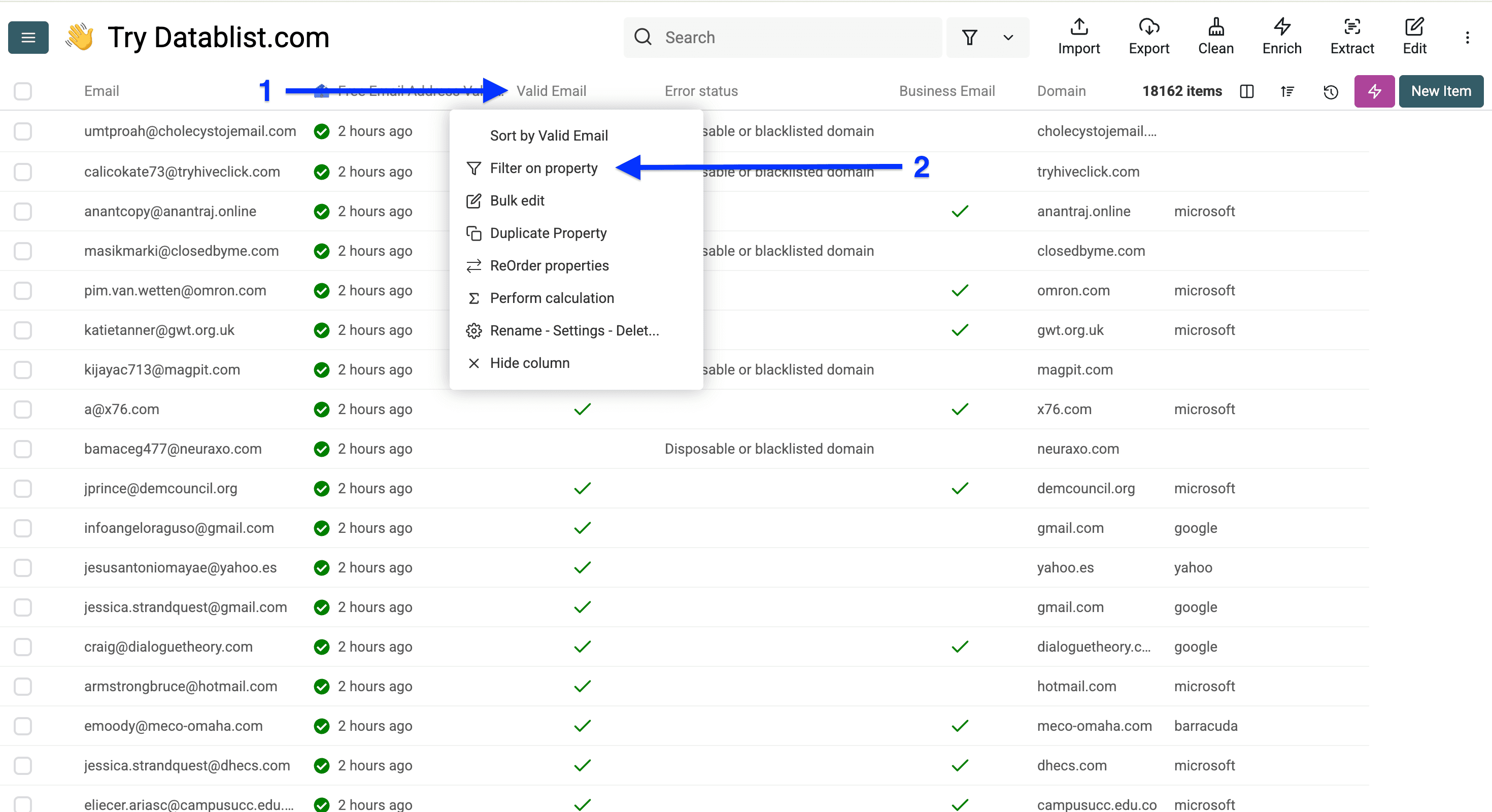 Datablist collection, opened column header