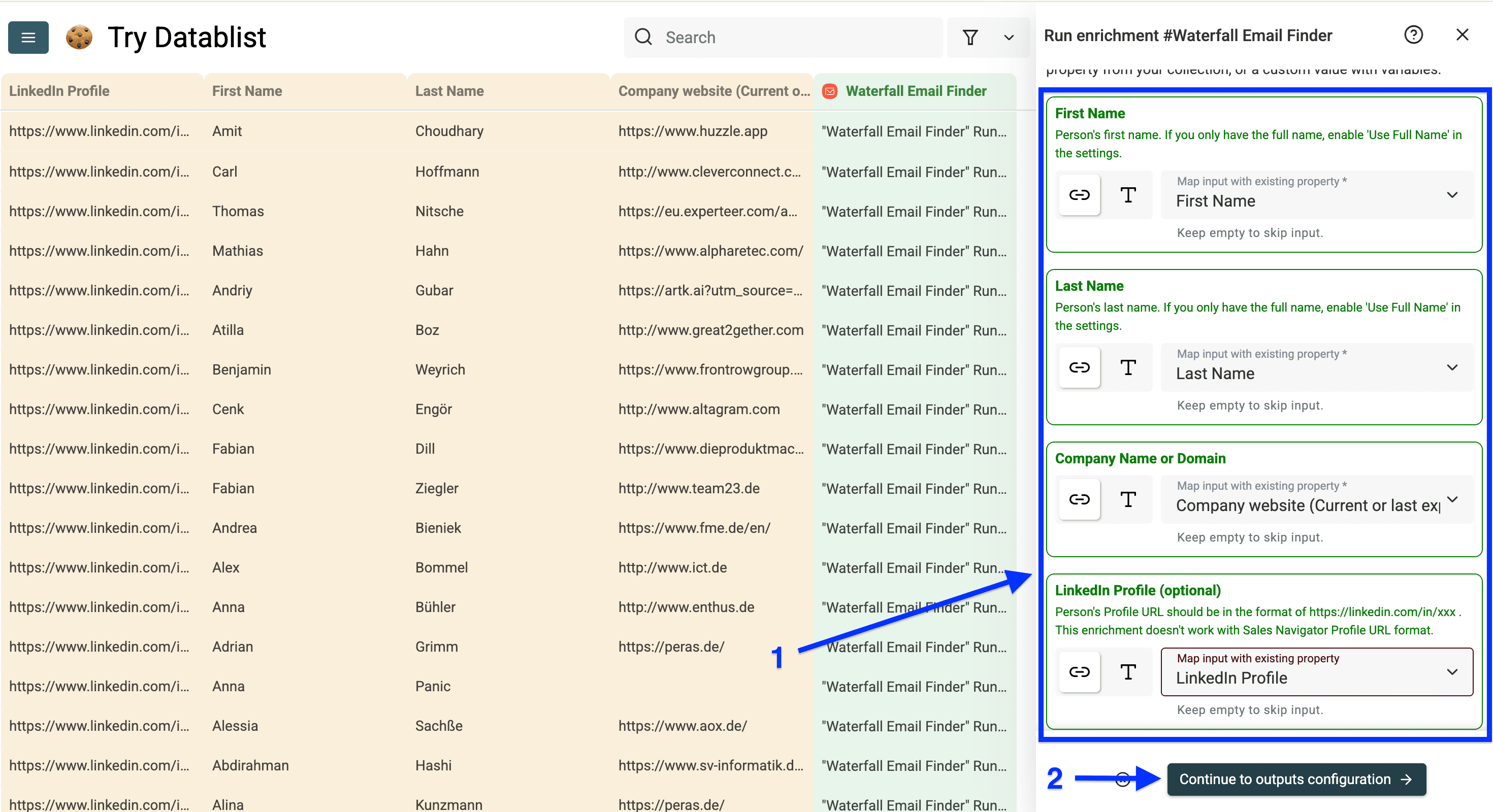 Input configuration for Datablist’s waterfall enrichment
