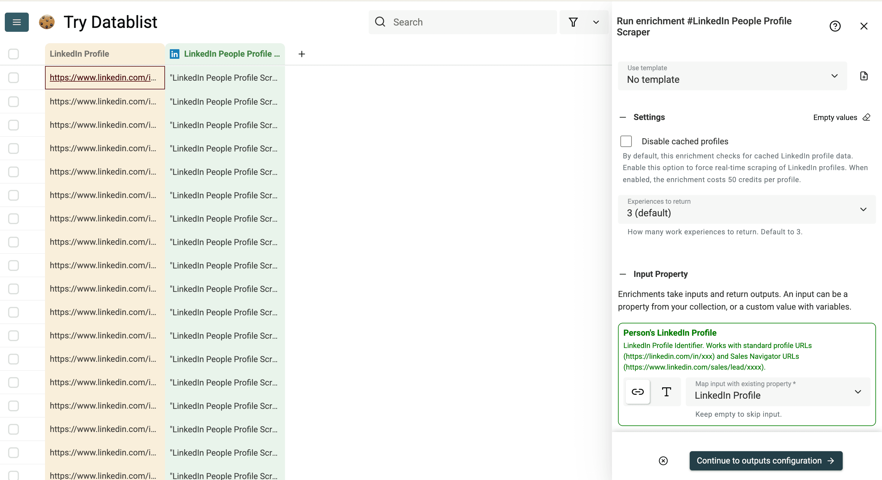 Input configuration for Datablist’s LinkedIn Profile Scraper