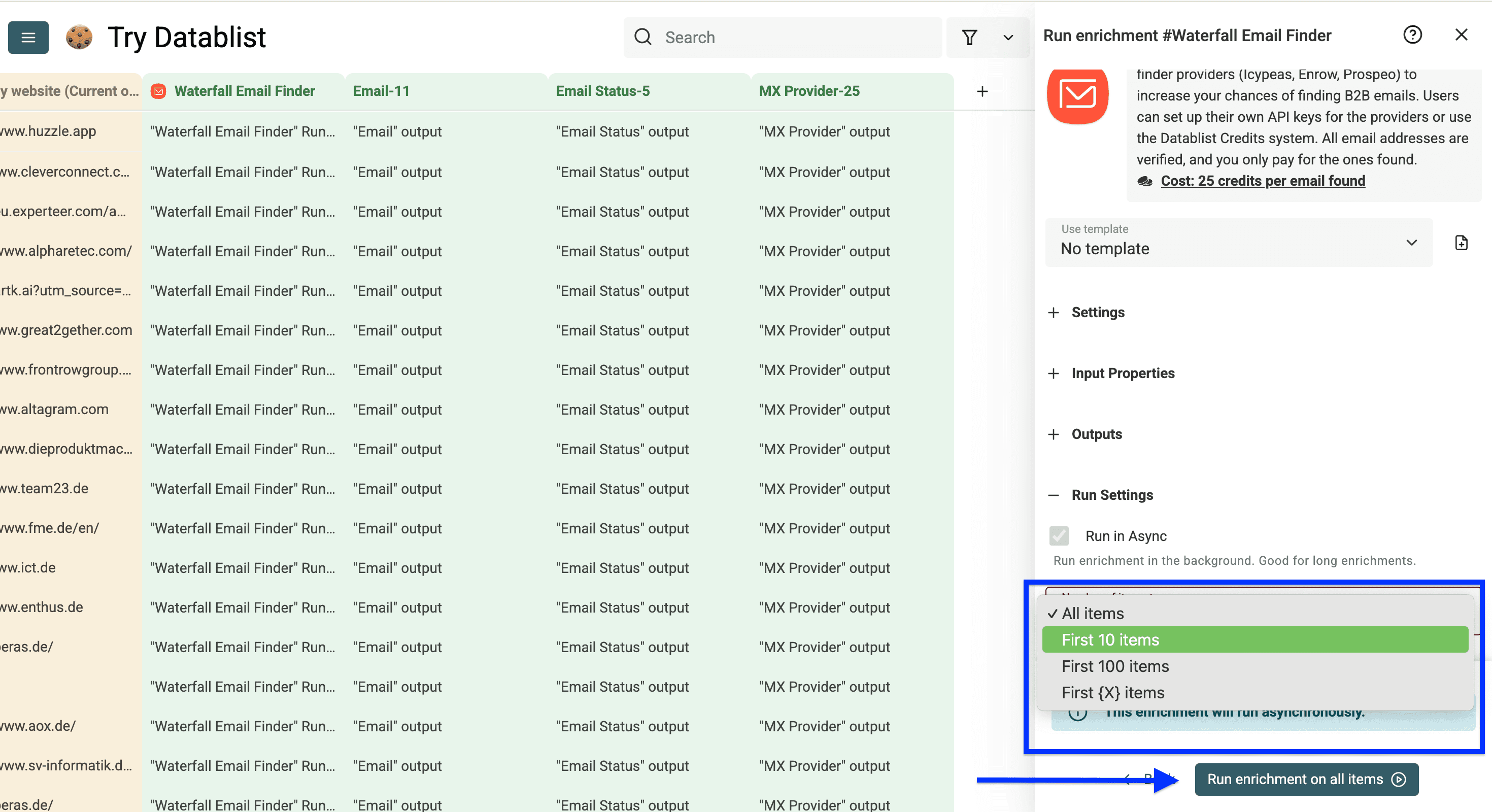 Run settings for Datablist’s waterfall enrichment