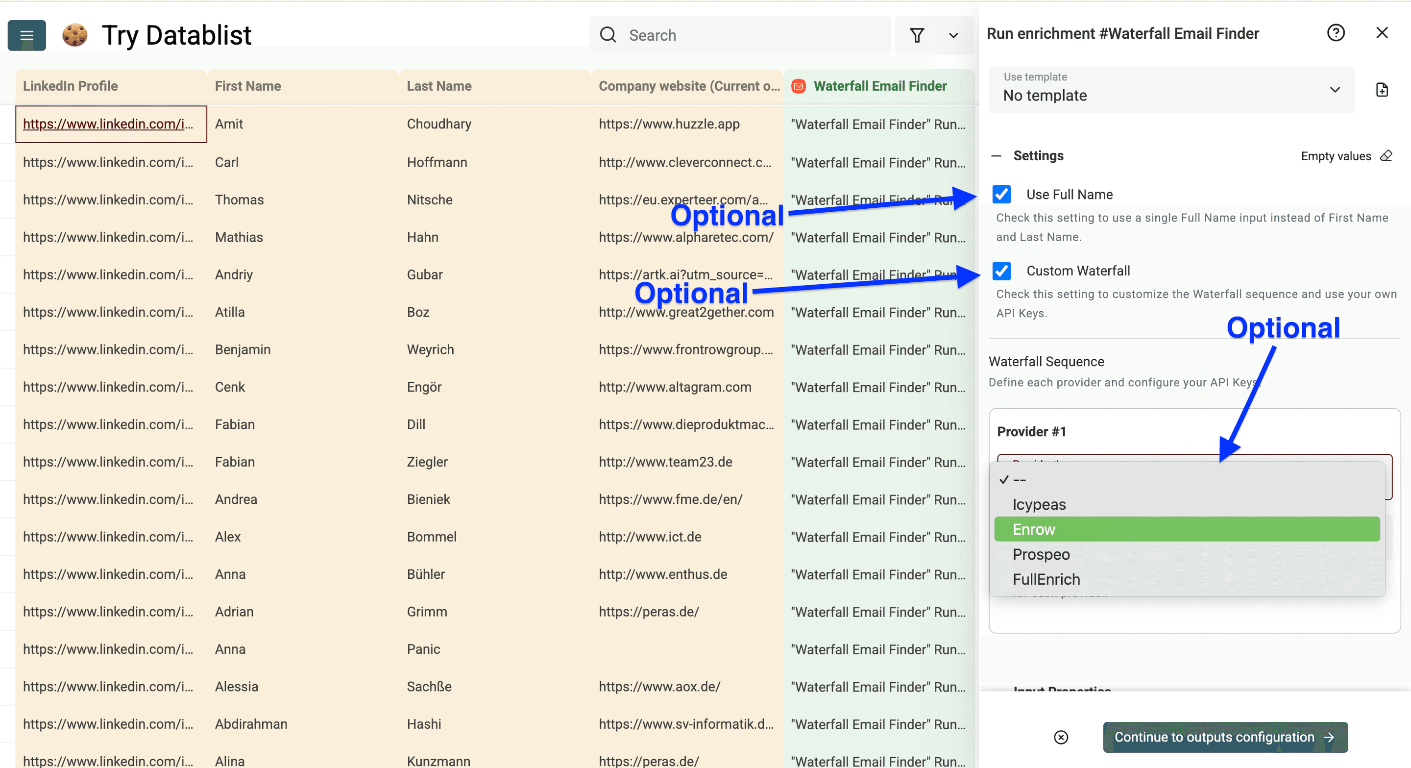 Custom Waterfall activé avec une séquence de fournisseurs dans Datablist