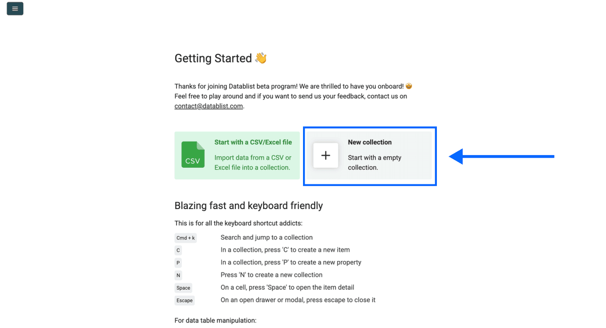 Datablist app, home