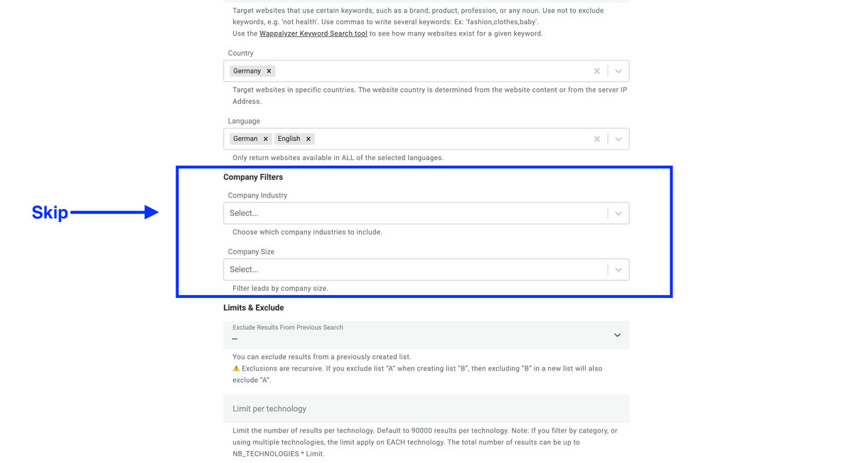 Datablist’s Technology Finder, company filters