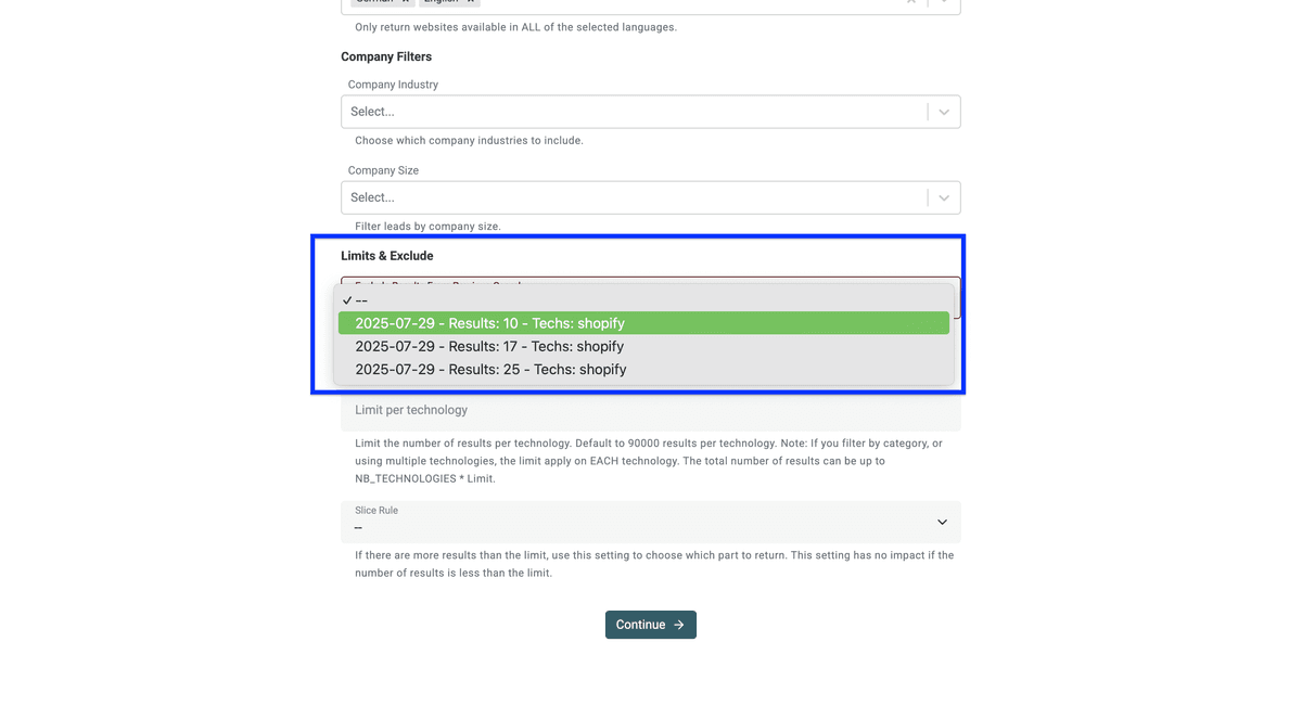 Datablist’s Technology Finder, exclusion filter