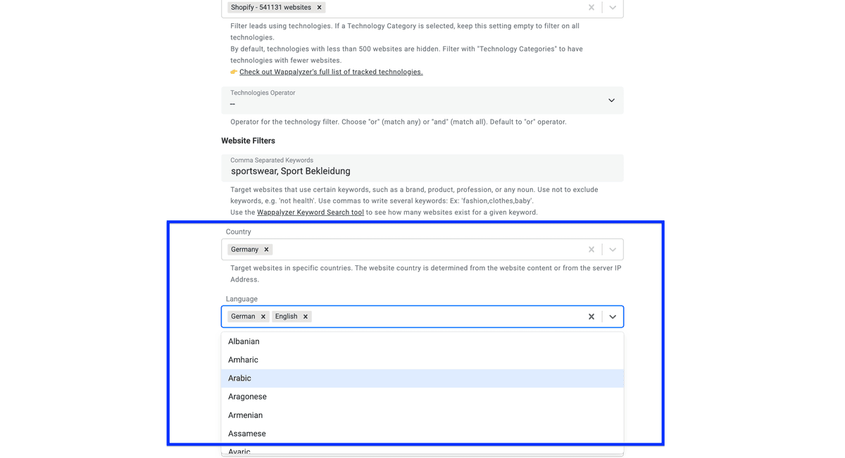 Datablist’s Technology Finder, language and country filters