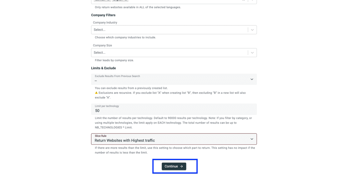 Datablist’s Technology Finder, last step
