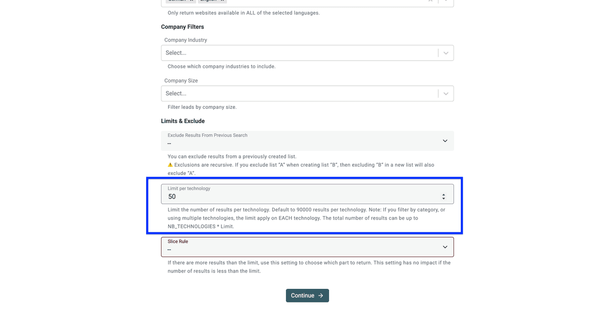 Datablist’s Technology Finder, limit setting