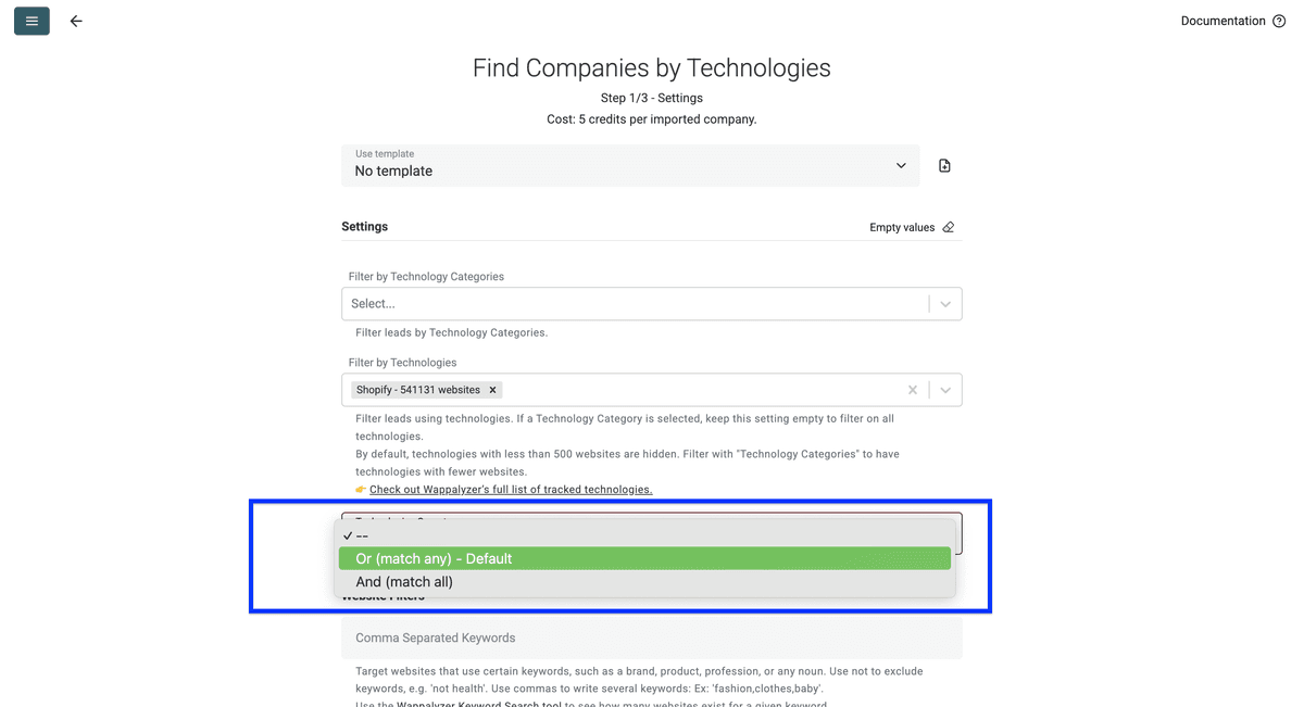 Datablist’s Technology Finder, matching operator