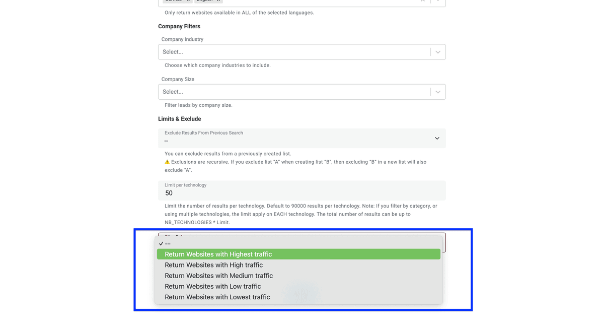 Datablist’s Technology Finder, slice rule