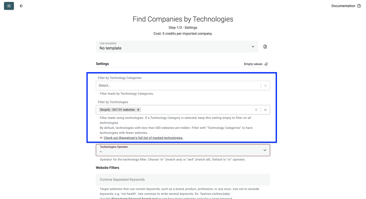Datablist’s Technology Finder, technology filters