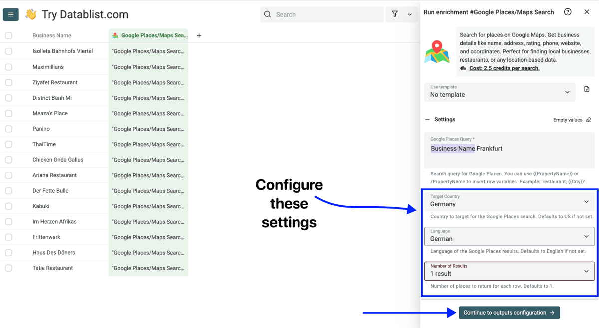 How To Find Businesses on Google Maps in Reverse - Enrichment Settings