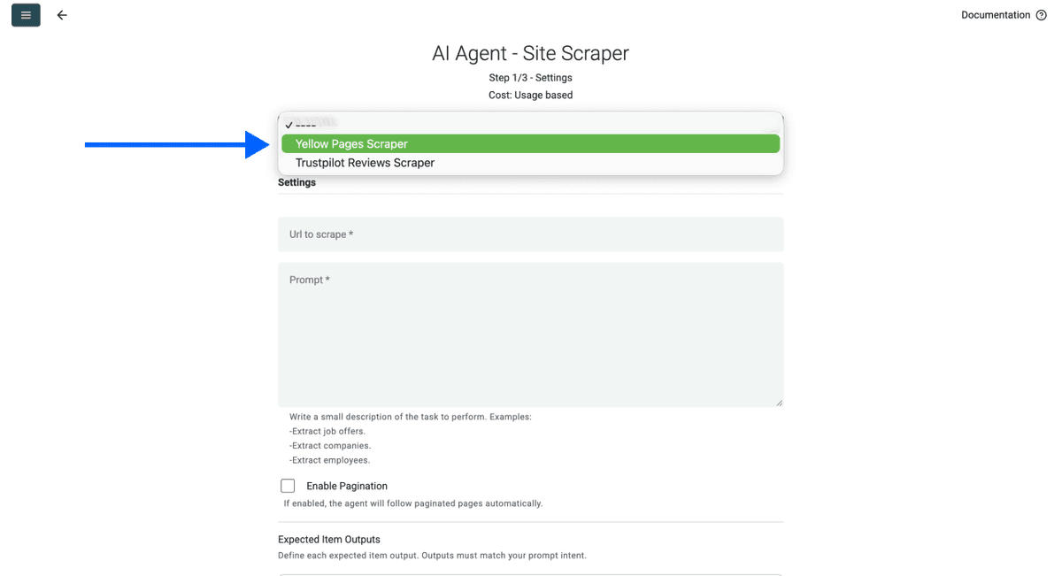 Yellow Pages Scraper, template selection
