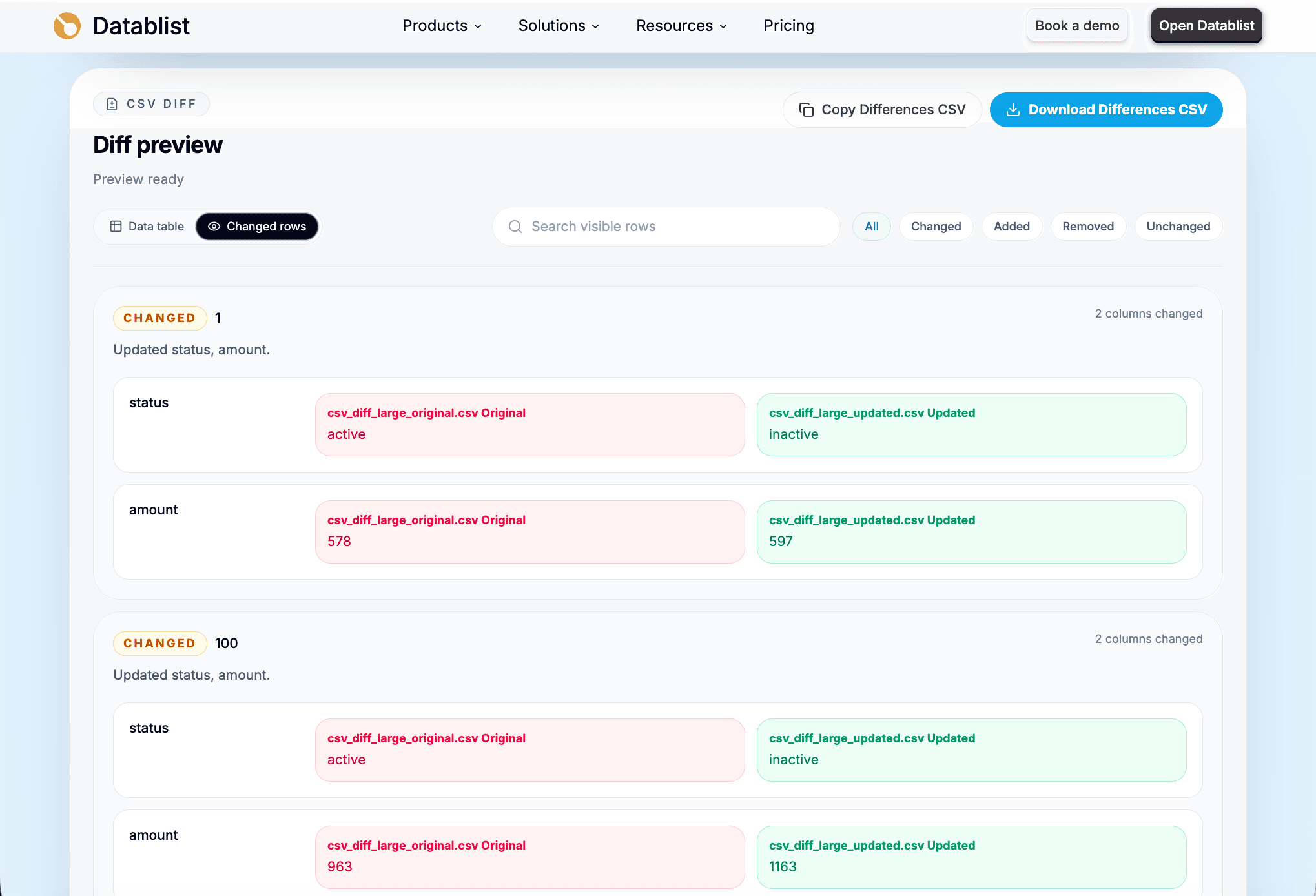 Vue des lignes modifiées de CSV Diff avec les valeurs d’origine et mises à jour côte à côte