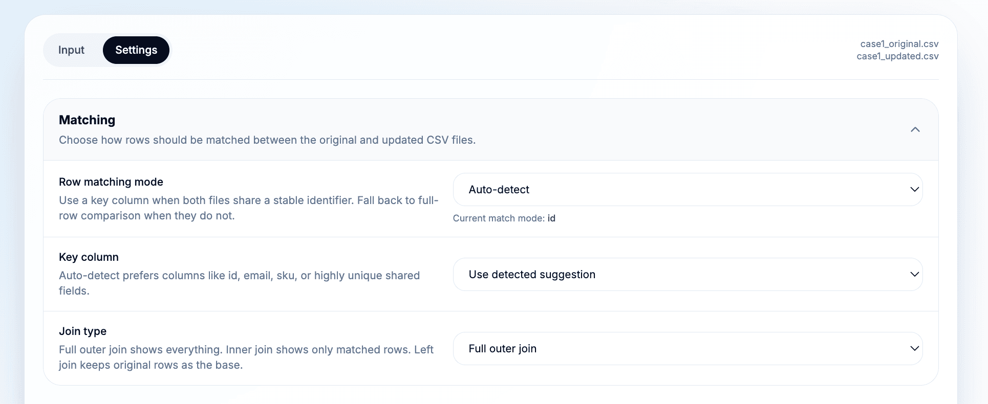Réglages d’association de CSV Diff avec détection automatique et jointure externe complète