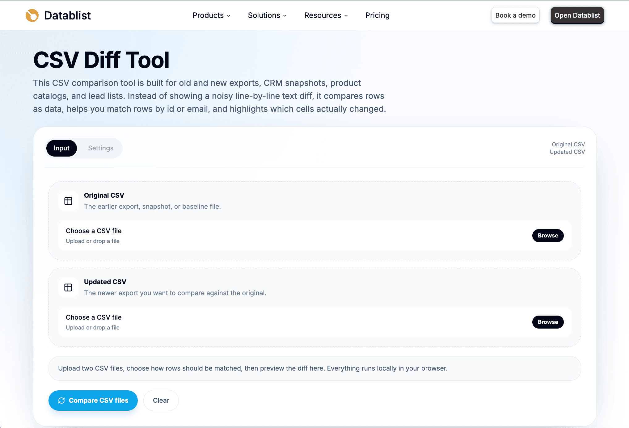 Écran d’import de CSV Diff avec les champs Original CSV et Updated CSV