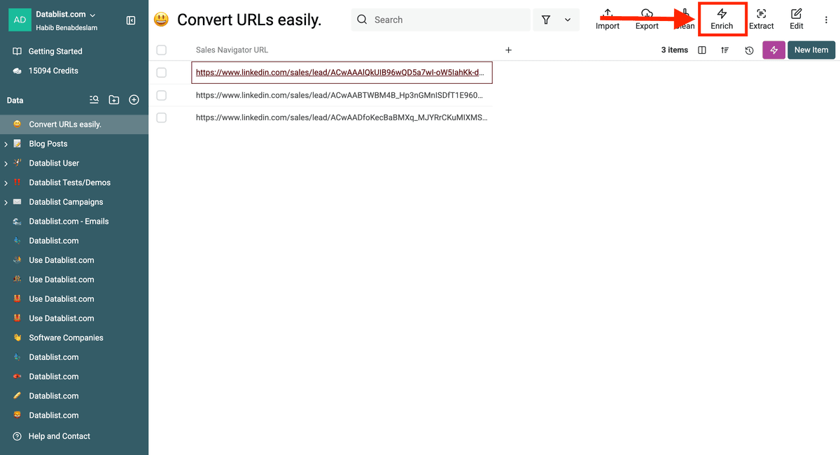 De knop “Enrich” in Datablist
