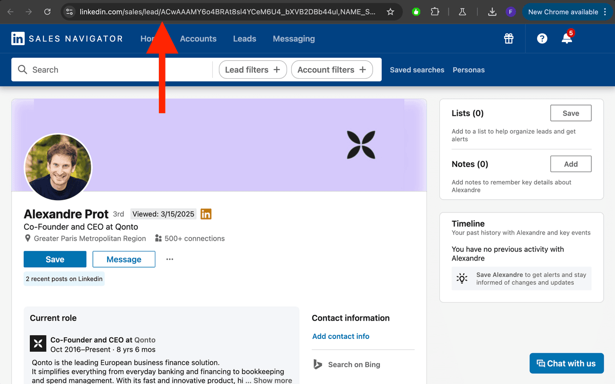 Voorbeeld van een Sales Navigator URL
