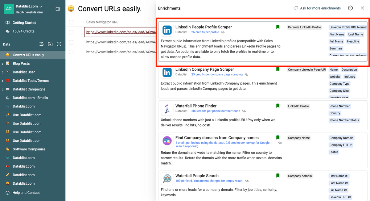 De LinkedIn Profile Scraper in Datablist