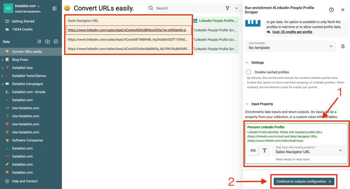 Sales Navigator URLs ingesteld als input